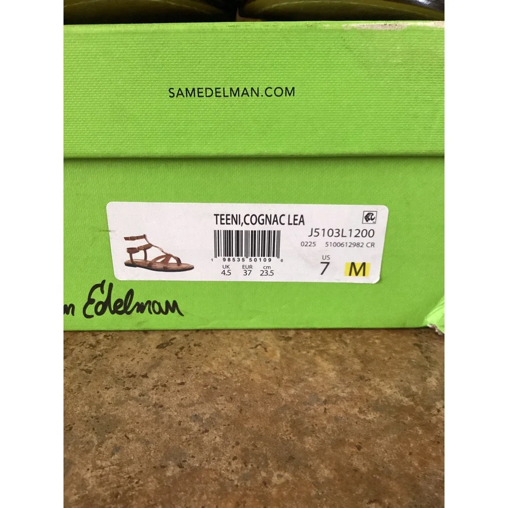 Sam Edelman Teeni Cognac Leather Gladiator Sandals Woven Raffia Gold Logo 7M NEW